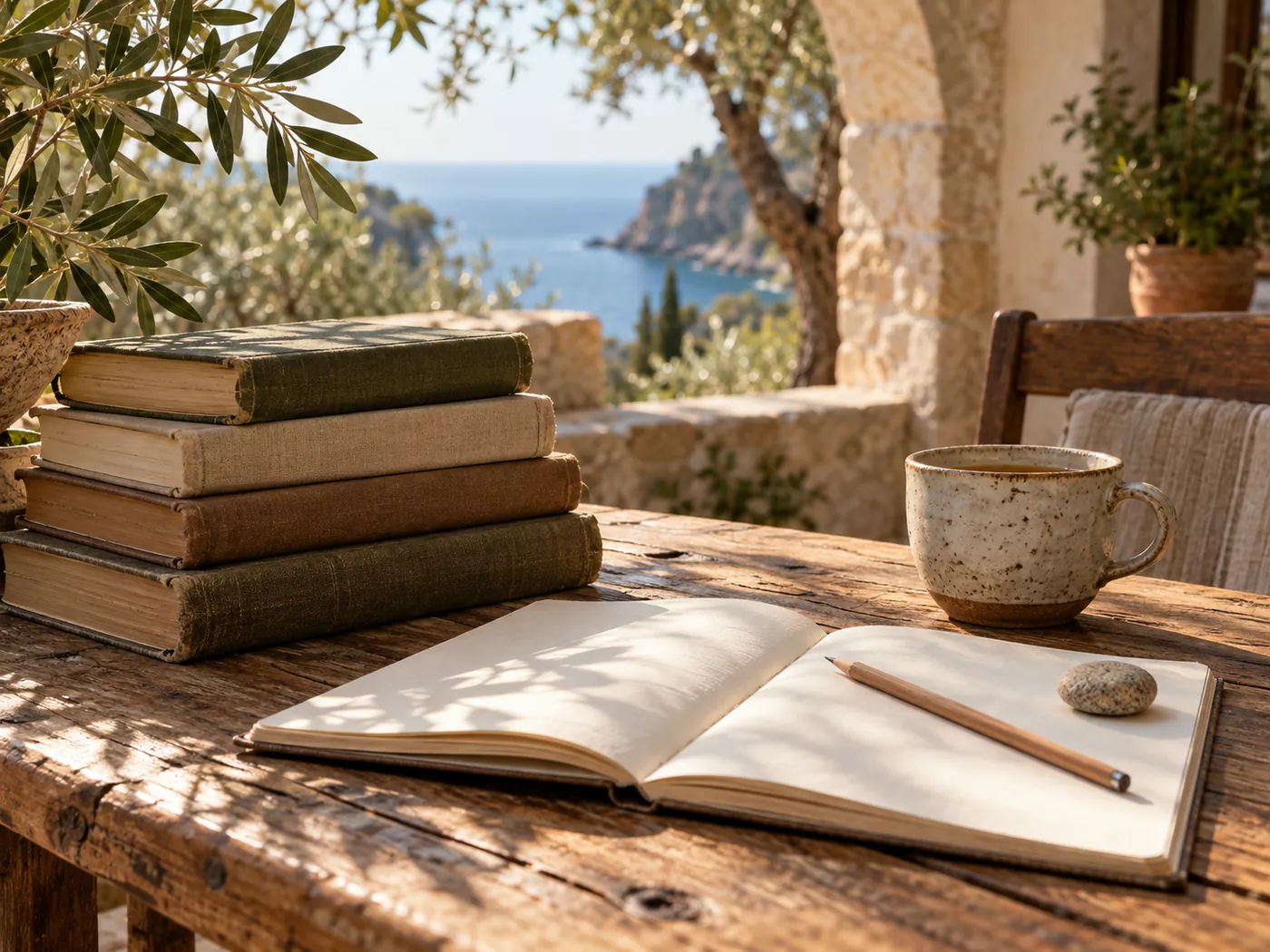 Libros y un cuaderno sobre una mesa de madera con luz natural y hojas de olivo.