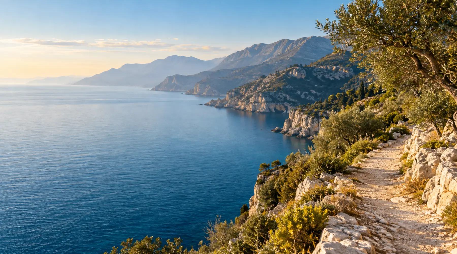 La costa mediterránea, con montañas y vegetación junto al mar al atardecer.