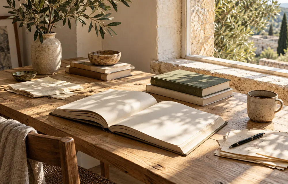 Libros y un cuaderno abiertos en una mesa de lectura iluminada.