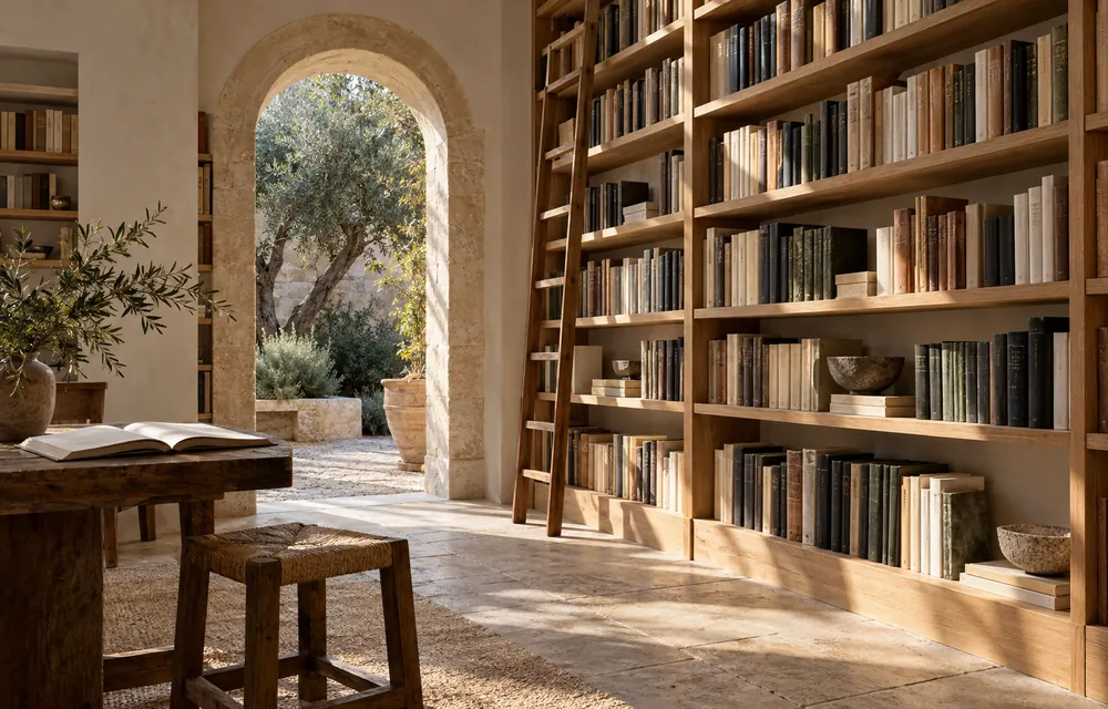 Un espacio de lectura mediterráneo abierto a la luz natural.