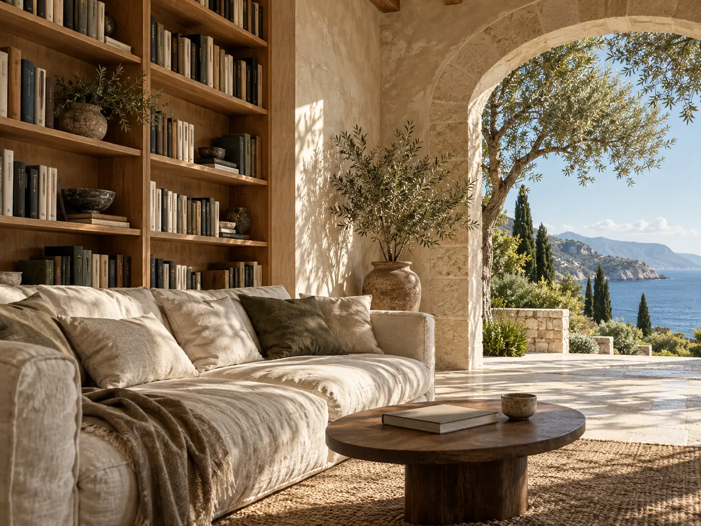 Un rincón de lectura junto a una terraza mediterránea rodeada de olivos.