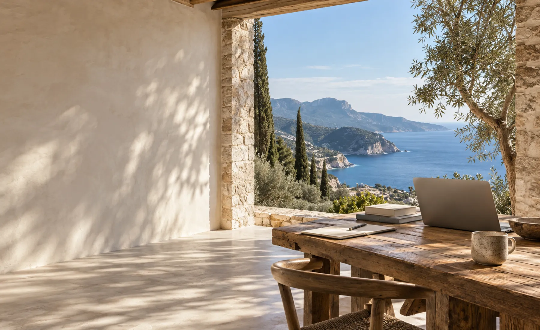Una mesa de trabajo con libros y un ordenador se abre al paisaje mediterráneo.